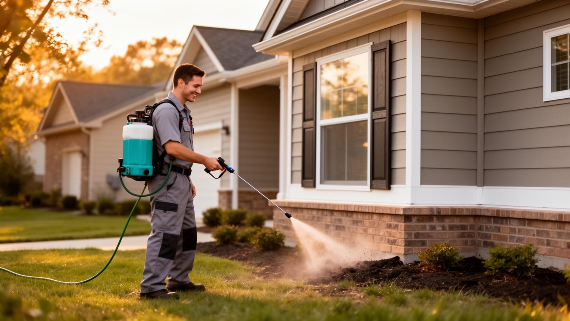 Columbus Pest Co. technician treating the foundation of a Central Ohio home